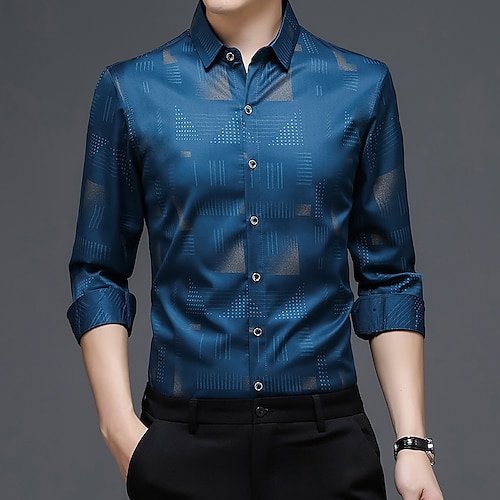 

Men's Vintage Shirt Regular Fit Long Sleeve Square Neck Geometric Polyester Green White Navy Blue 2022
