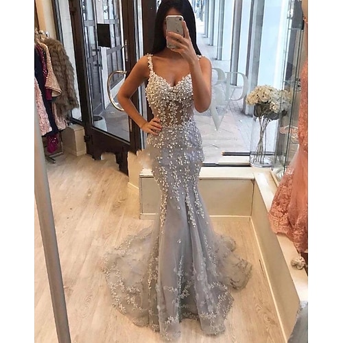 

Mermaid / Trumpet Minimalist Elegant Party Wear Formal Evening Dress V Neck Sleeveless Sweep / Brush Train Tulle with Beading Appliques 2022