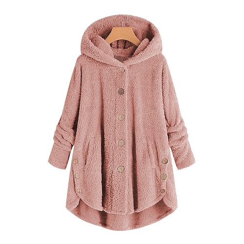 

Women's Plus Size Winter Coat Teddy Coat Button Pocket Plain Pure Color Causal House Long Sleeve Hoodie Regular Winter Fall Black Pink Yellow XL XXL 3XL 4XL 5XL