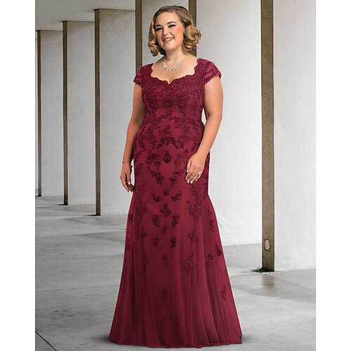 

A-Line Mother of the Bride Dress Luxurious Plus Size Elegant Scoop Neck Floor Length Lace Tulle Sleeveless with Appliques 2022