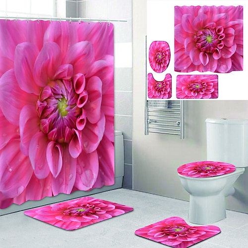 

Pink Beautiful Flowers Printed Bathroom Home Decoration Bathroom Shower Curtain Lining Waterproof Shower Curtain with 12 hooks Floor Mats and Four-Piece Toilet Mats.