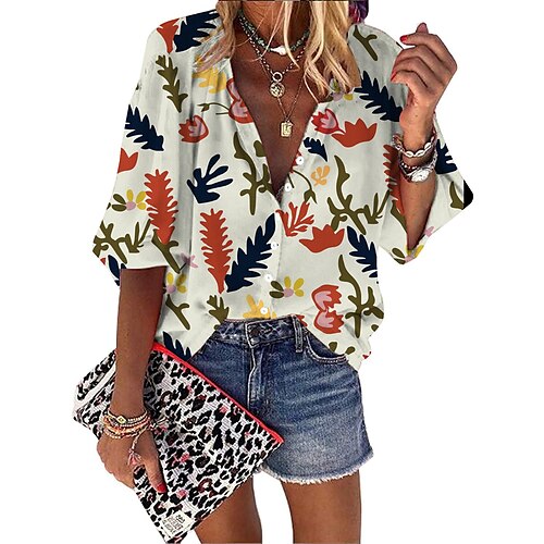 

Women's Blouse Shirt Red White Graphic Floral Long Sleeve Daily Weekend Shirt Collar Regular Loose Fit S / Summer