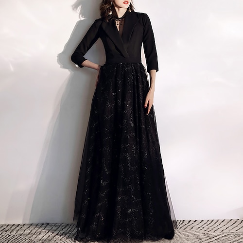 

A-Line Glittering Elegant Wedding Guest Formal Evening Dress V Neck 3/4 Length Sleeve Floor Length Tulle with Sash / Ribbon Sequin 2022