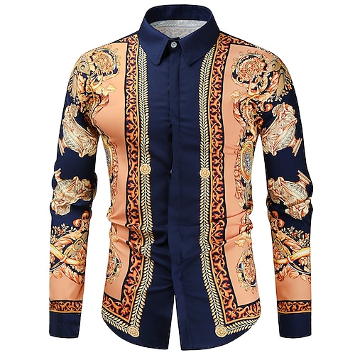 

Men's Shirt Geometric Chains Print Classic Collar Party Casual Print Long Sleeve Tops Ethnic Style Casual Navy Blue
