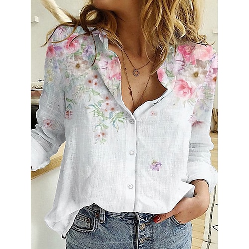 

Women's Shirt Blouse White Pink Blue Graphic Floral Button Print Long Sleeve Daily Weekend Basic Shirt Collar Regular Floral S