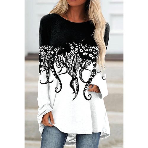 

Women's T shirt Tee Tunic White Pink Blue Graphic Color Block Print Long Sleeve Casual Daily Tunic Basic Round Neck Long Painting S