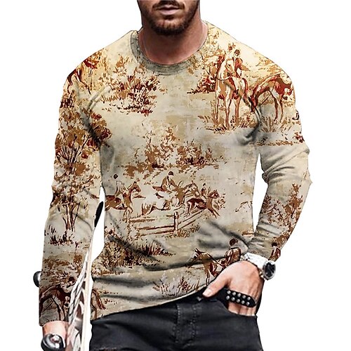 

Homme Unisexe T shirt Tee Chemise Tee Cheval Imprimés Photos Col Ras du Cou Kaki 3D effet du quotidien Vacances Manches Longues Imprimer Vêtement Tenue Design Casual Grand et grand