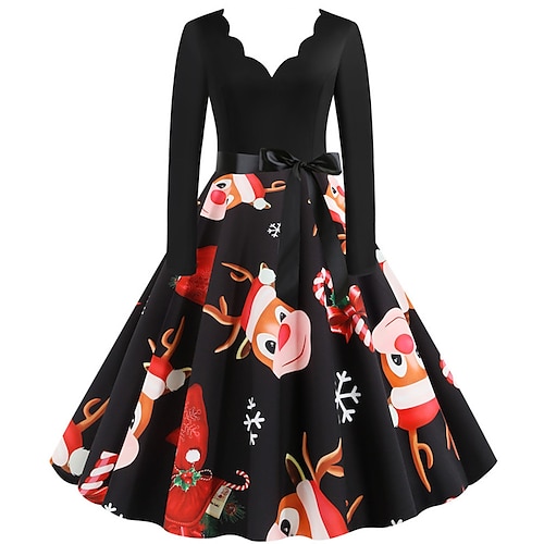 

Women's Christmas Knee Length Dress Wine Green Orange Black Red Brown Navy Blue Long Sleeve Print Bow Print Fall Winter V Neck Casual Vintage 2021 S M L XL XXL 3XL