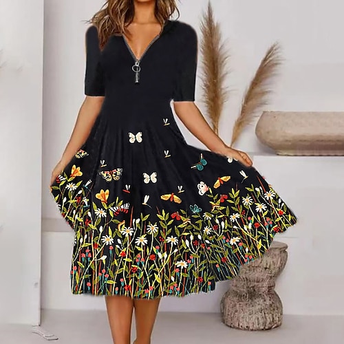 

Robe mi-longue Femme Robe casual Demi Manches Eté Printemps - Décontractées Imprimer Floral Col V 2023 Noir S M L XL XXL