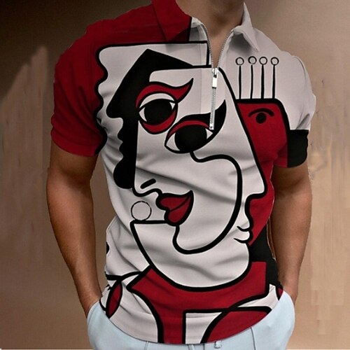 

Men's Collar Polo Shirt Golf Shirt Quarter Zip Polo Abstract Portrait Collar Red Outdoor Street Short Sleeve Zipper Clothing Apparel Fashion Sportswear Casual Comfortable / Summer / Summer