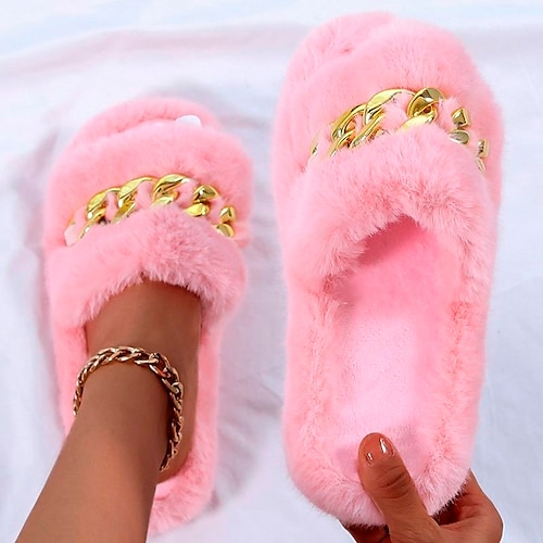 

Women's Slippers & Flip-Flops Home Daily Fuzzy Slippers Fluffy Slippers House Slippers Warm Slippers Buckle Flat Heel Round Toe Cotton Loafer Solid Colored Almond Black Rosy Pink