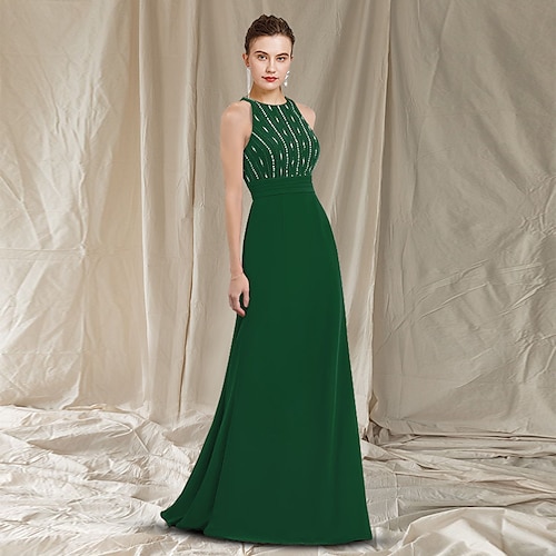 

A-Line Mother of the Bride Dress Luxurious Elegant Jewel Neck Sweep / Brush Train Chiffon Sleeveless with Beading 2022