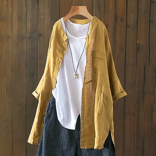 

Women's Plus Size Tops Shirt Plain Lettuce Trim Long Sleeve Crewneck Basic Daily Weekend Cotton Fall Winter Yellow khaki / Loose