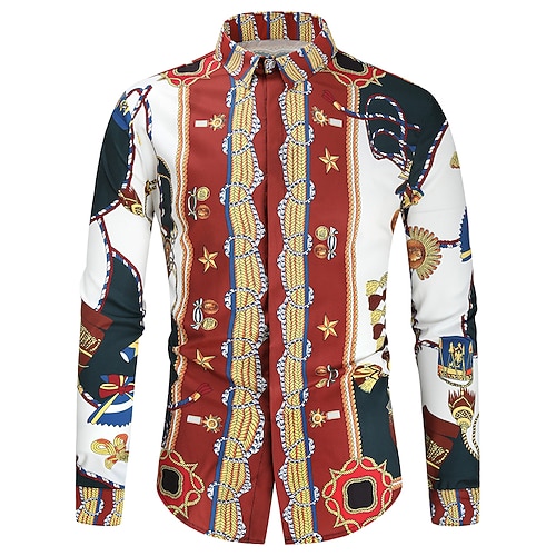 

Men's Shirt Geometric Chains Print Classic Collar Party Casual Print Long Sleeve Tops Ethnic Style Casual Red