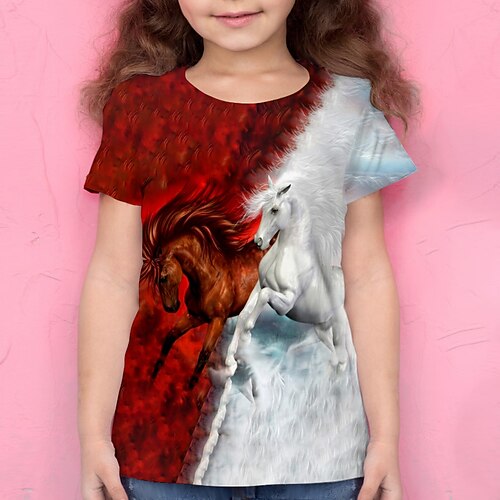 

Kids Girls' T shirt Horse 3D Print Short Sleeve Active 4-12 Years Summer Red