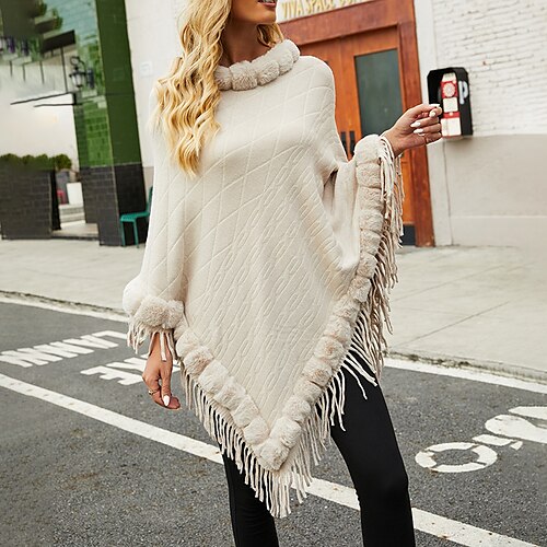 

Women's Cloak Capes Poncho Sweater Pullover Sweater Jumper Knit with Tassel Solid Color Round Neck Elegant Casual Causal Daily Fall Winter Wine Red Black F / Long Sleeve / Faux Fur / Holiday / Loose
