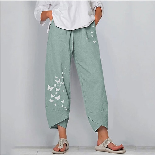

Women's Linen Pants Normal Linen Cotton Blend Butterfly Black / Red Light Green Chino High Waist Ankle-Length Casual Going out Spring & Fall