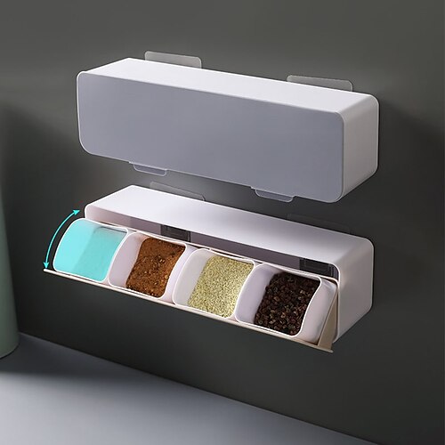 

Wall-mounted Non-perforated Combination Set Seasoning Box with Lid Four-compartment Seasoning Bottle Salt Shaker Seasoning Storage Box Nordic Macarons Style