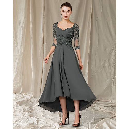 

A-Line Mother of the Bride Dress Elegant V Neck Asymmetrical Ankle Length Chiffon Lace Half Sleeve with Pleats Appliques 2022