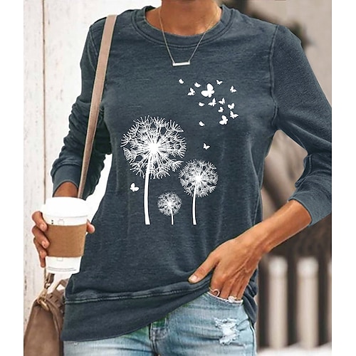 

Women's T shirt Tee Blue Yellow Army Green Butterfly Dandelion Print Long Sleeve Daily Weekend Basic Round Neck Regular Cotton Floral Butterfly Painting S