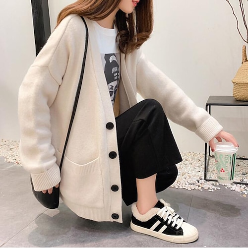 

Women's Cardigan Sweater Jumper Knit Tunic Button Pocket Solid Color Open Front Casual Daily Drop Shoulder Winter Fall Light Blue Yellow One-Size / Long Sleeve / Loose Fit