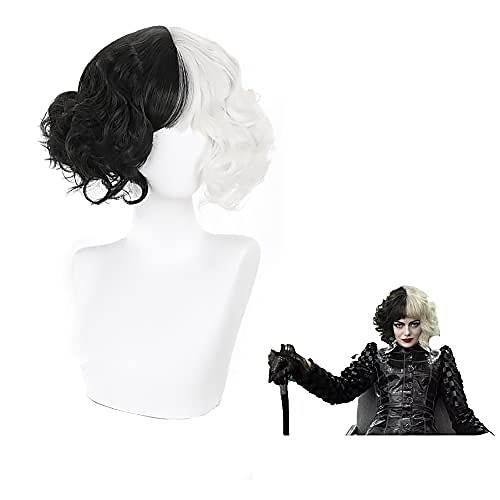 

2021 Cruella Deville Wig Half Black and White Wigs Short Curly Wavy Bob Hair Women Girl Role Cosplay Party Heat Resistant Synthetic Wigs