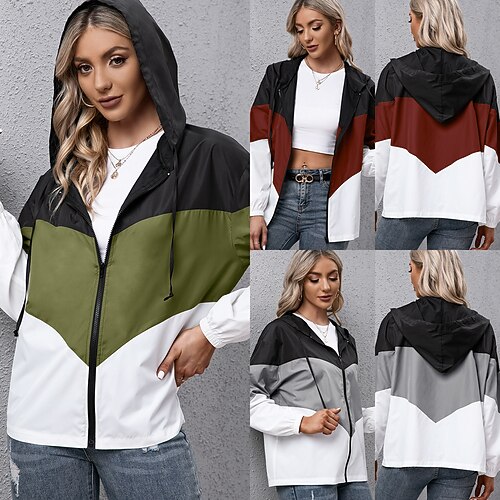 

Women's Waterproof Rain Jacket Hiking Raincoat Windbreaker Hooded Jacket Outdoor Patchwork Thermal Warm Windproof Lightweight Outerwear Trench Coat Top Full Zipper Skiing Hunting Fishing Army Green