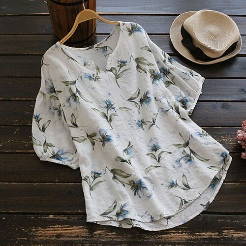 

Women's Plus Size Tops Blouse Shirt Floral Plaid Print Short Sleeve V Neck Streetwear Daily Weekend Cotton Fall Spring Green White
