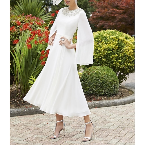 

A-linje Kjole til brudens mor Elegant Besmykket Te-lengde Chiffon Langermet med Plissert Perlearbeid 2023