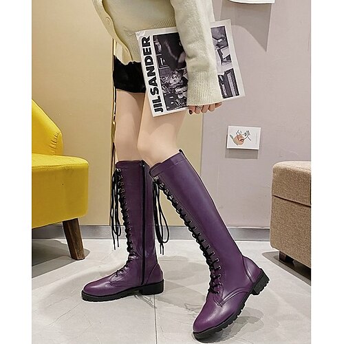 

Women's Boots Daily Lolita Lace Up Boots Knee High Boots Crotch High Boots Block Heel Round Toe PU Lace-up Solid Colored Black Purple Brown