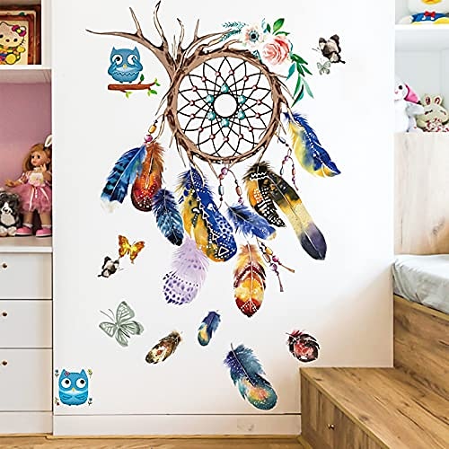 

dream catcher feathers wall stickers decals, removable colourful feather butterfly wallpaper decor, peel & stick diy art murals for bedroom kids room nursery office home decoration (a)