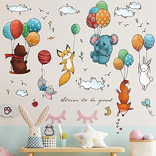 

rw-9125 balloons flying animals wall decals cute elephant rabbit bear fox wall stickers diy removable balloons birds animals clouds stars wall art decor for kids baby bedroom living room nursery