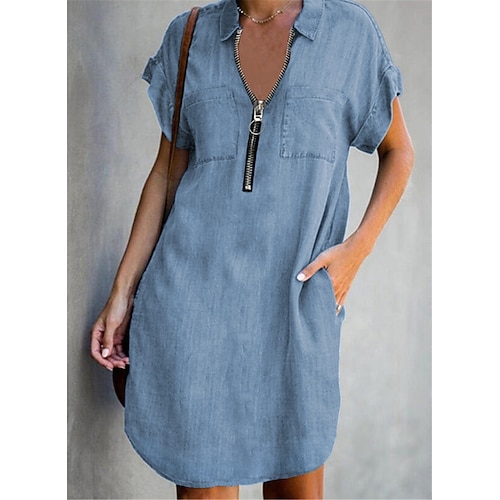 

Women's Midi Dress Blue Short Sleeve Pure Color Zipper Spring Summer Shirt Collar S M L XL XXL 3XL