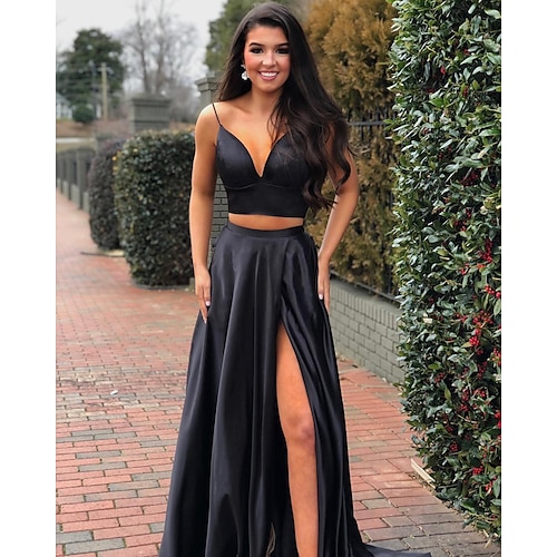 

Two Piece A-Line Prom Dresses Minimalist Dress Party Wear Sweep / Brush Train Sleeveless V Neck Satin with Pleats Slit 2022