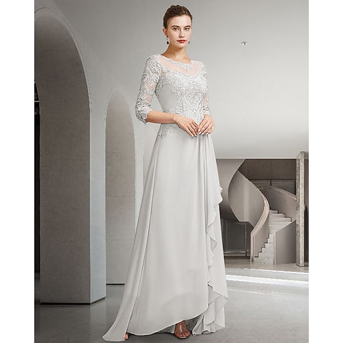 

A-Line Mother of the Bride Dress Elegant Jewel Neck Sweep / Brush Train Asymmetrical Chiffon Lace 3/4 Length Sleeve with Pleats Appliques 2022
