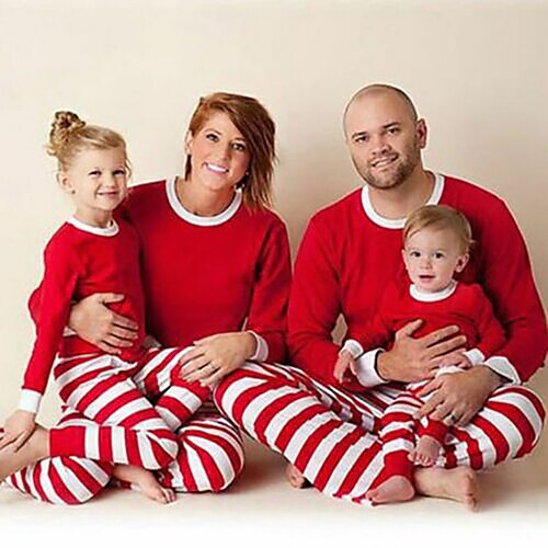 

Christmas Pajamas Ugly Family Set Striped Print Red Long Sleeve Mom Dad and Me Active Matching Outfits Fall Winter Casual