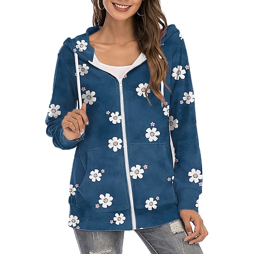 

Mulheres Moletom Moletom zip Up com capuz Estacionar Ativo Roupa de rua Zíper Imprimir Rosa Azul Verde Floral Margarida Diário Com Capuz Manga Longa