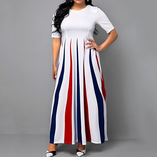 

Women's Plus Size Holiday Dress Striped Crew Neck Print Half Sleeve Spring Fall Casual Preppy Maxi long Dress Daily Vacation Dress