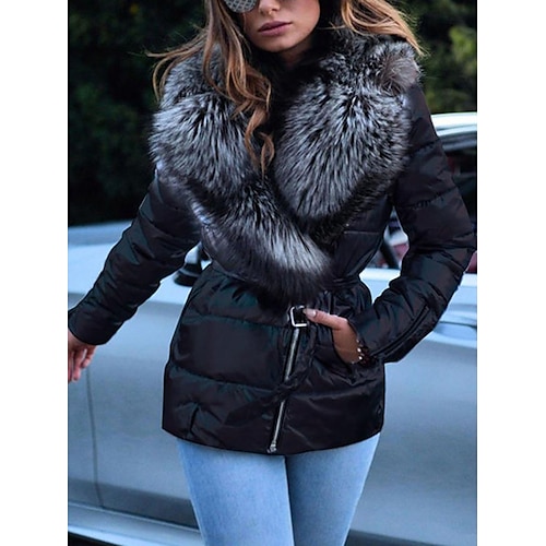 

Women's Winter Jacket Puffer Jacket Casual Daily Winter Regular Coat Turtleneck Loose Fit Warm Casual Jacket Long Sleeve Solid Colored Fur Trim Silver Gray Black