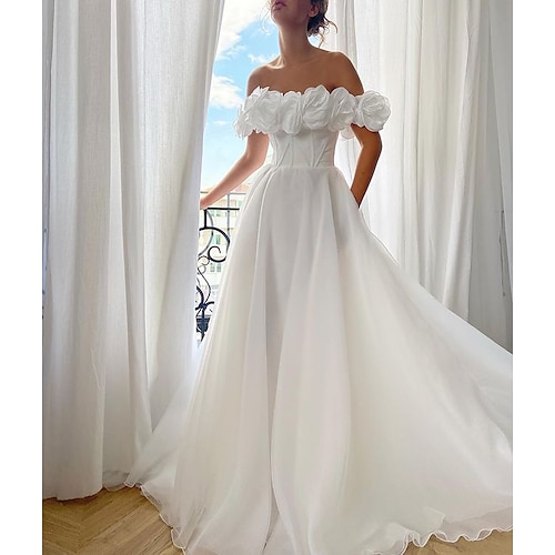 

A-Line Prom Dresses Elegant Dress Engagement Sweep / Brush Train Sleeveless Off Shoulder Organza with Sleek 2022