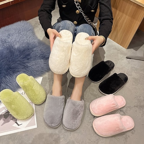 

Women's Slippers Flip-Flops Fuzzy Slippers Fluffy Slippers House Slippers Flat Heel Round Toe Faux Fur Loafer Solid Colored Black White Rosy Pink