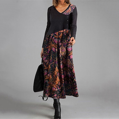 

robe décontractée pour femme robe swing robe midi noir à manches longues abstrait ruché automne col en v robe d'hiver décontractée robe d'automne 2023 s m l xl xxl 3xl 4xl