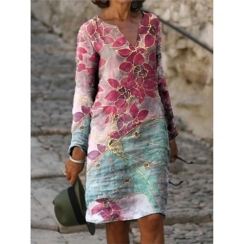 

Women's Shift Dress Knee Length Dress Rainbow Long Sleeve Floral Patchwork Winter Fall Autumn V Neck Boho Winter Dress Fall Dress Loose Fit 2023 S M L XL XXL 3XL