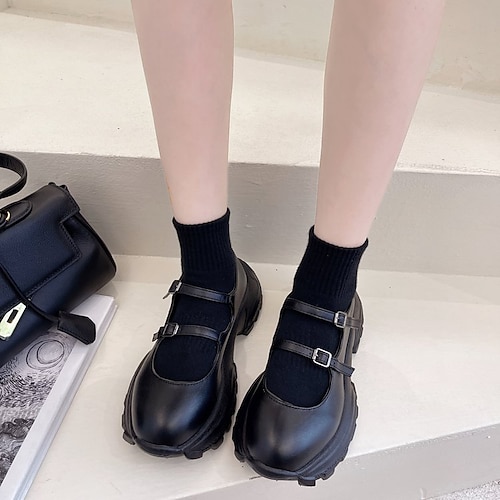 

Women's Lolita Shoes Platform Round Toe Rubber Buckle Black Beige