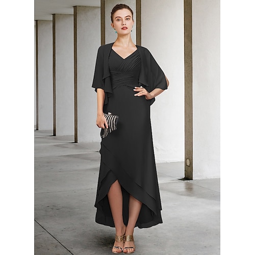 

Two Piece A-Line Mother of the Bride Dress Elegant V Neck Asymmetrical Ankle Length Chiffon Sleeveless with Ruched 2022