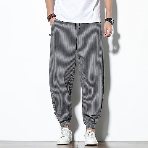 

Men's Harem Pants Trousers Trousers Beach Pants Elastic Waist Solid Color Lines / Waves Soft Full Length Casual Daily Cotton And Linen Harlem Pants Loose Fit White Black Micro-elastic / Summer