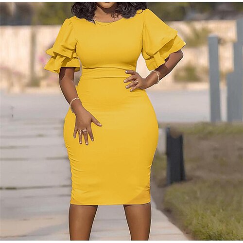 

Women's Plus Size Party Dress Solid Color Crew Neck Ruffle Short Sleeve Spring Fall Work Prom Dress Short Mini Dress Formal Party Dress / Work Dress