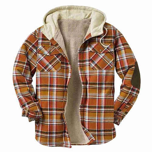 

Men's Coat Fleece Lining With Pockets Daily Wear Vacation Going out Single Breasted Hoodie Streetwear Casual Daily Outdoor Jacket Outerwear Plaid Pocket Fleece Print Orange