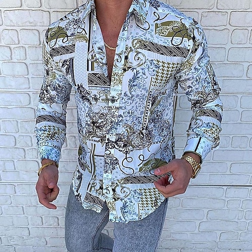 

Homens Camisa Social Camisa Gráfica Tartã Colarinho Clerical Branco Amarelo Azul Para Noite camisas de golfe Manga Longa Patchwork Imprimir Roupa Designer Punk e gótico