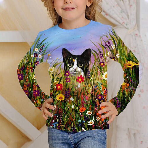 

Kids Girls' T shirt Cat Outdoor 3D Print Long Sleeve Active 4-12 Years Fall Green